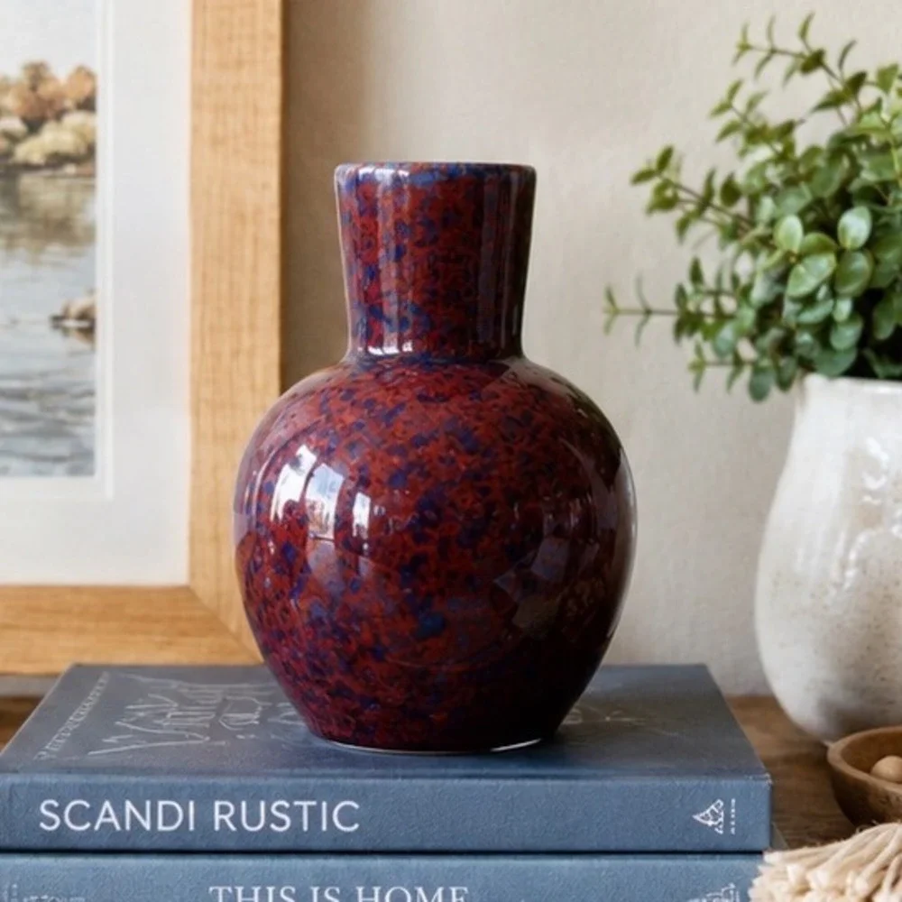 Vintage Studio Pottery Vase Oxblood Red Blue Mottled Glaze Bulbous Pottery MCM